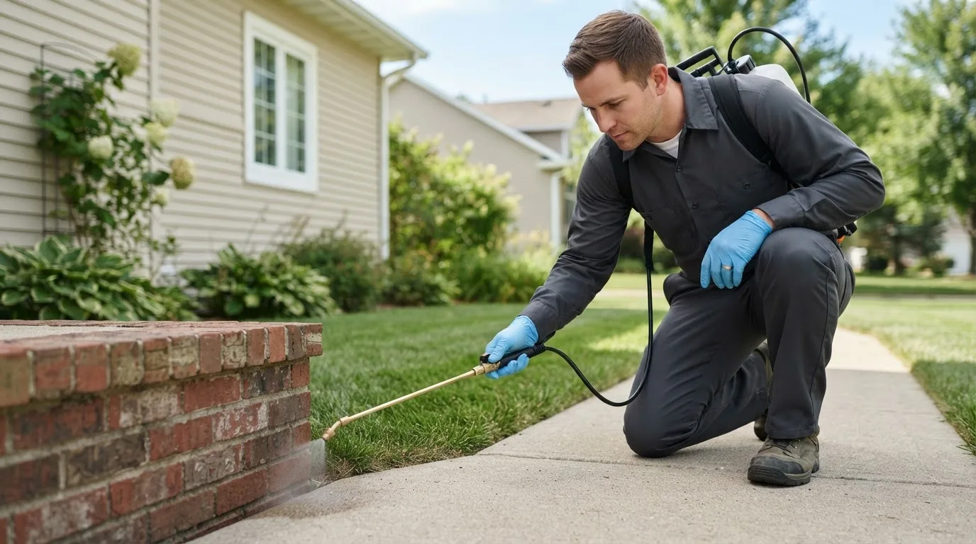 Pest control technician treating a home near Garwin, IA